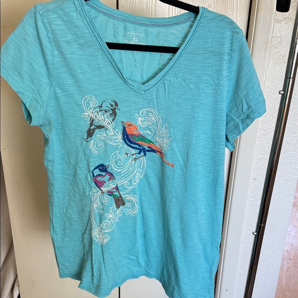 Sonoma Women's Teal Bird Embroidered Tee